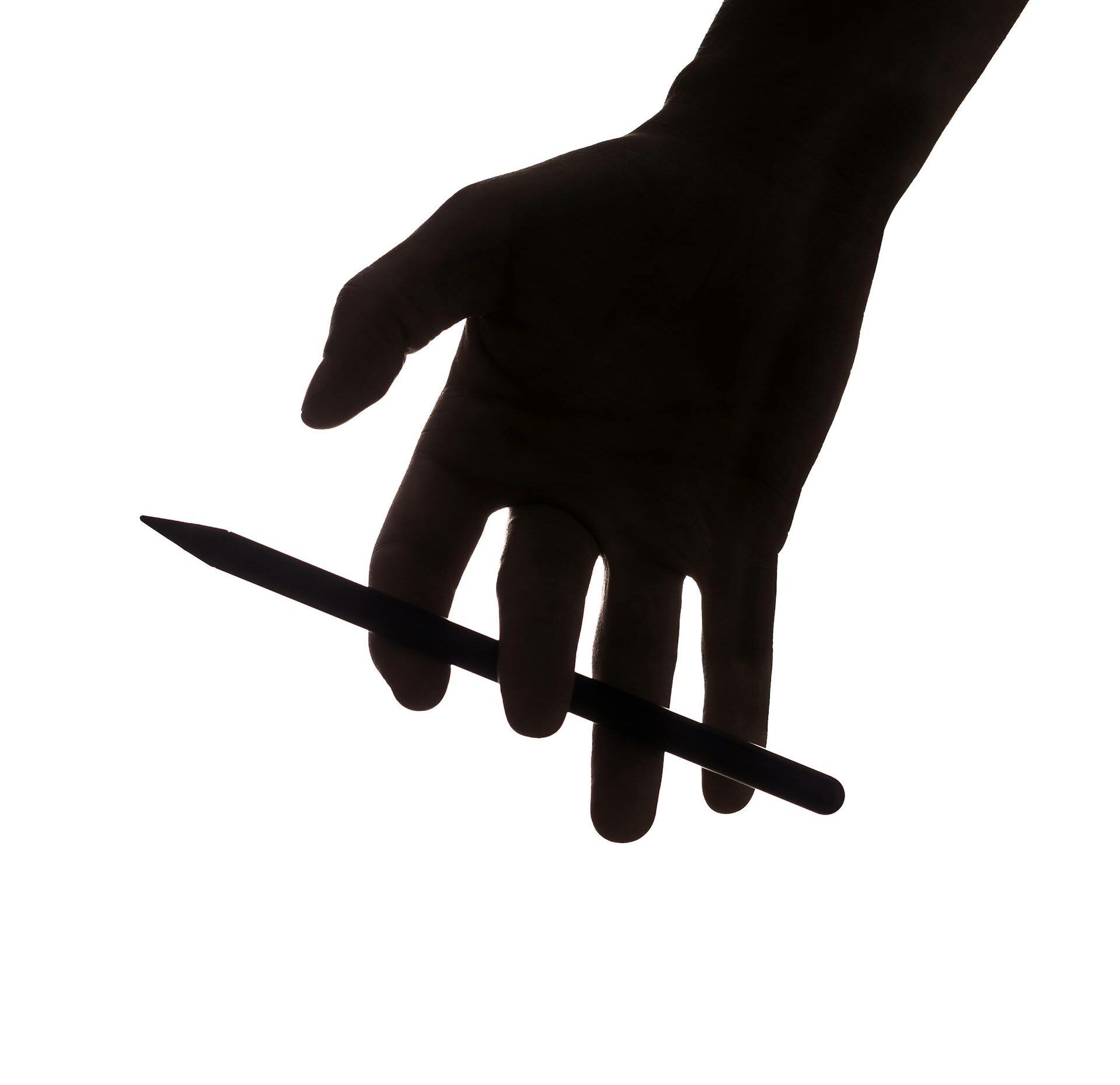 Silhouette of a hand gracefully holding a stylus pen against a white background.
